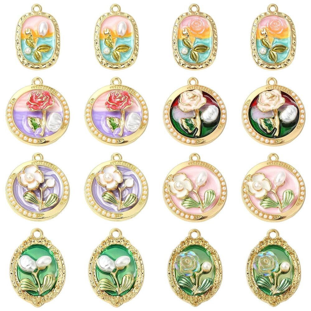 5169 16 pcs 8 Styles Baroque Rose Charms Imitation Pearl Flower Charm
